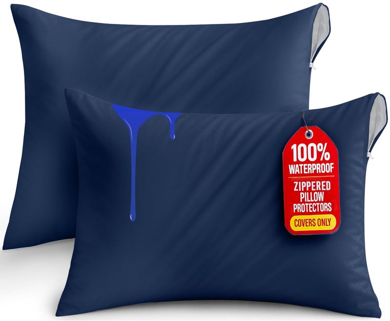Utopia Bedding Premium 100% Waterproof Pillow Protectors with Zipper Queen Size (Set of 2), Bed Bug and Dust Mite Proof Zippered Pillow Covers, Pillow Encasement Cases, Navy - Image 1